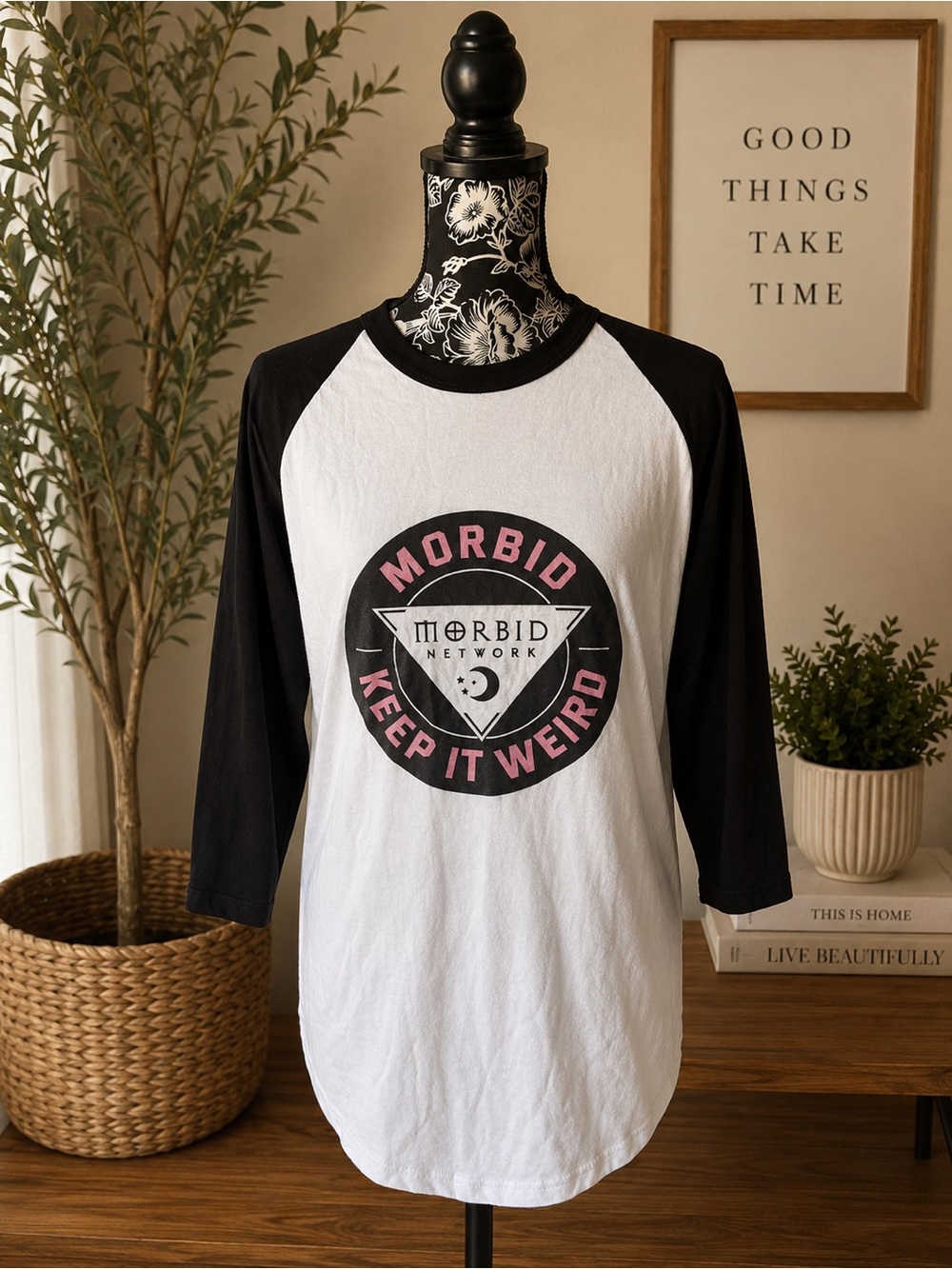 Morbid Black and White Raglan Tee with Pink Graphic